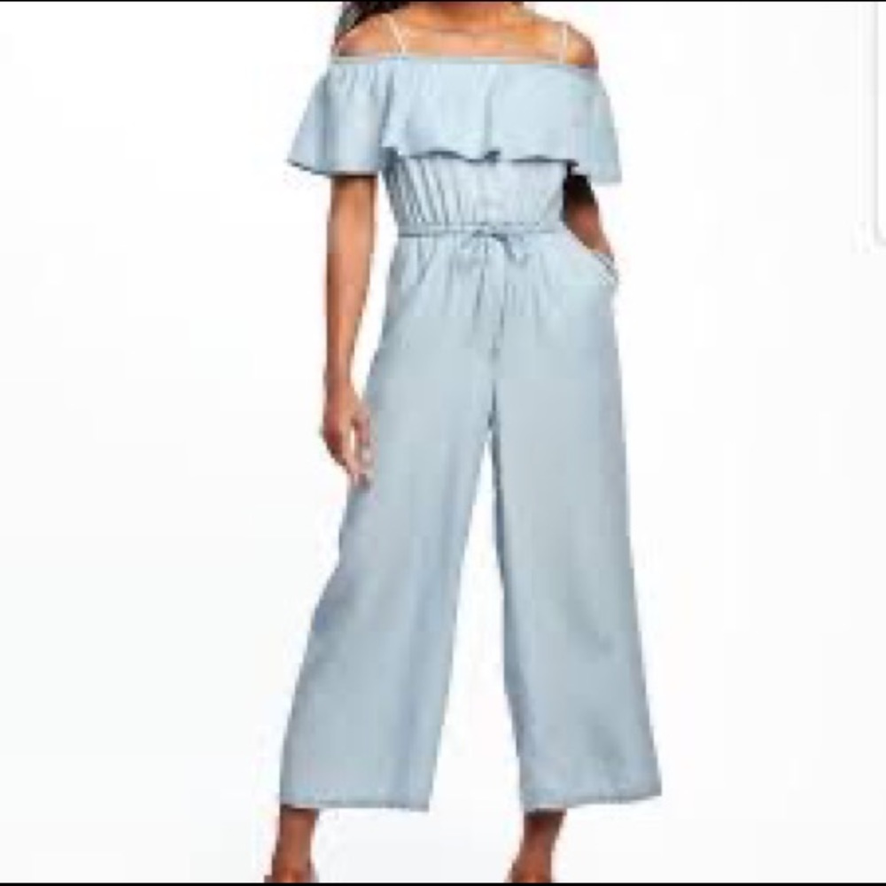 Light wash chambray off the shoulder wide leg jumpsuit with elastic waist